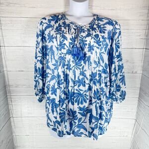 Elie Tahari women 3xl plus blue white floral peasant blouse cottage coquette fal